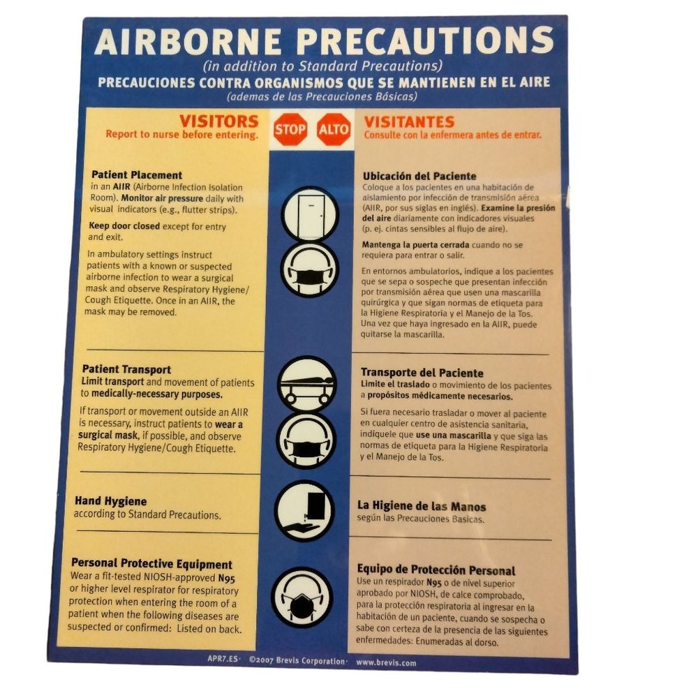 Airborne Precautions Transmission Prevention Laminated Sign English Spanish